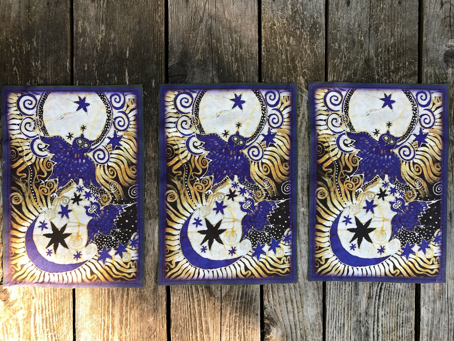 Owl Sun Moon Batik Fabric Print Patch