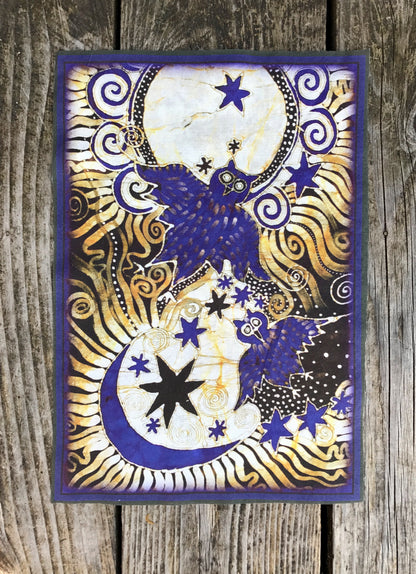 Owl Sun Moon Batik Fabric Print Patch