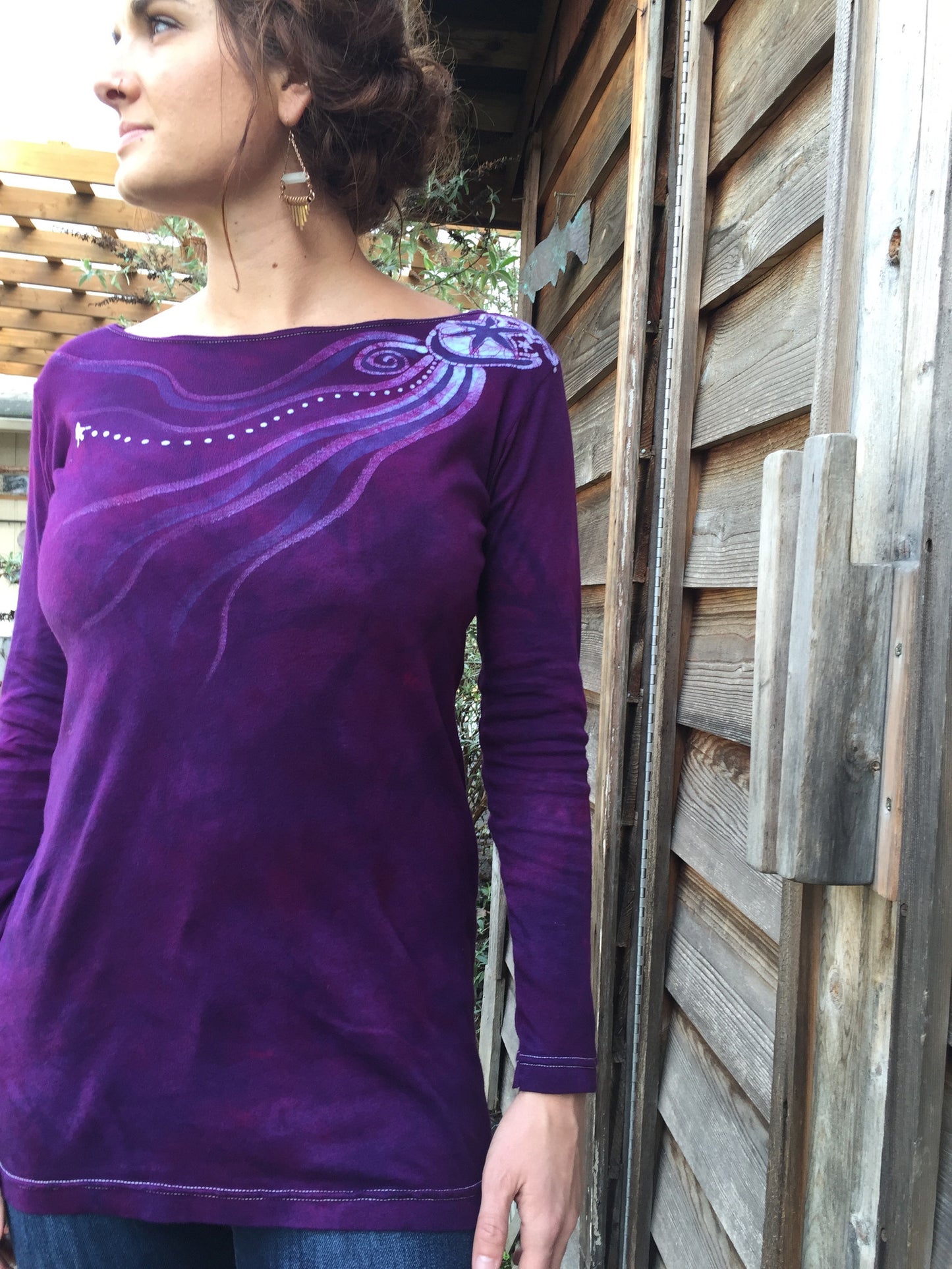 Deep Purple Stars Upon Your Shoulders Long Sleeve Batik Top - Size Small - Batikwalla 
 - 3