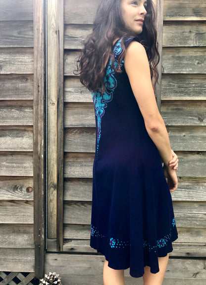 Midnight Artist in Purple and Blue Organic Cotton Batikwalla Dress - Size Medium