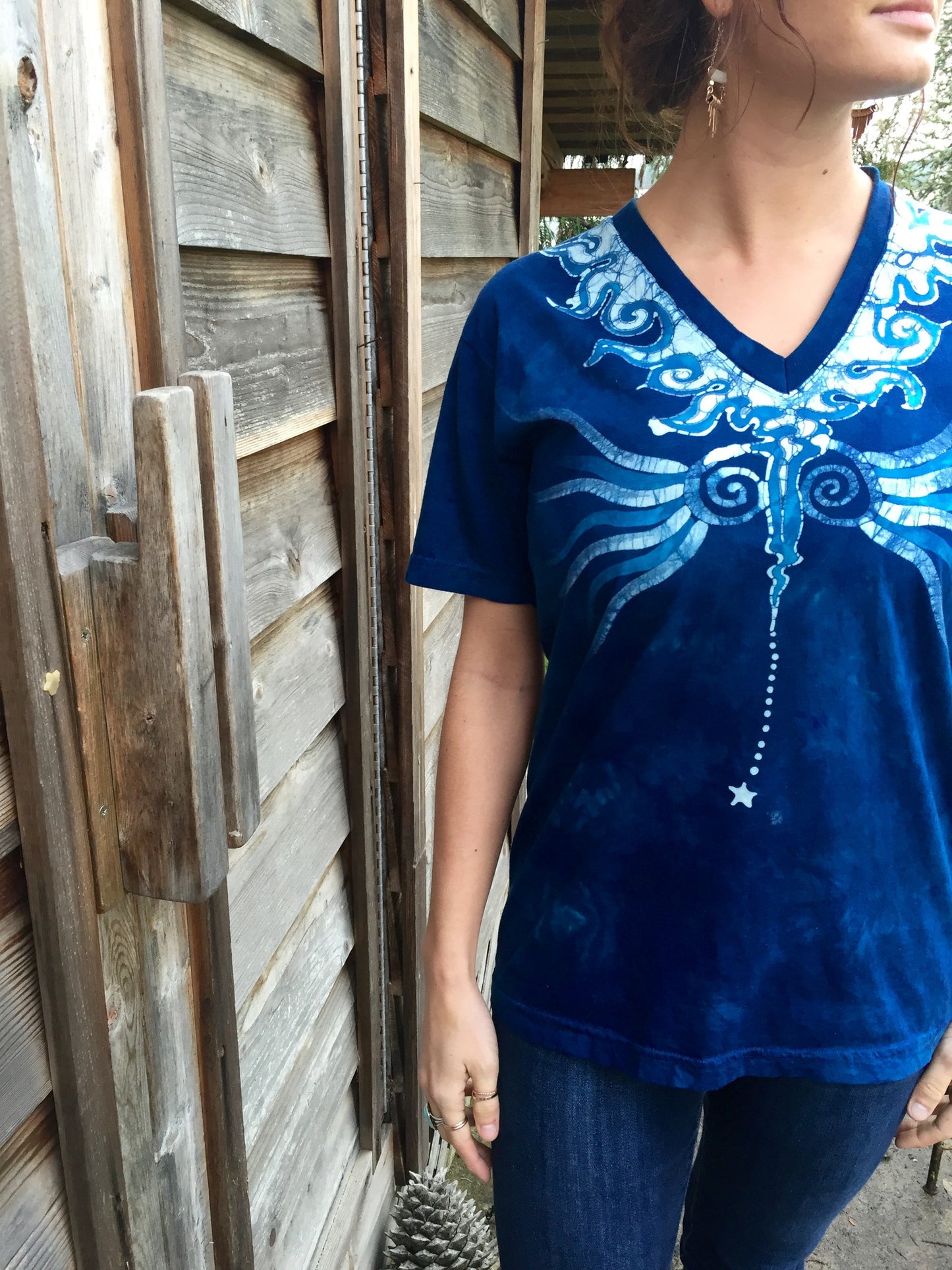 Blue Angel Batik Organic Cotton Vneck Tshirt - Unisex Medium - Batikwalla 
 - 2