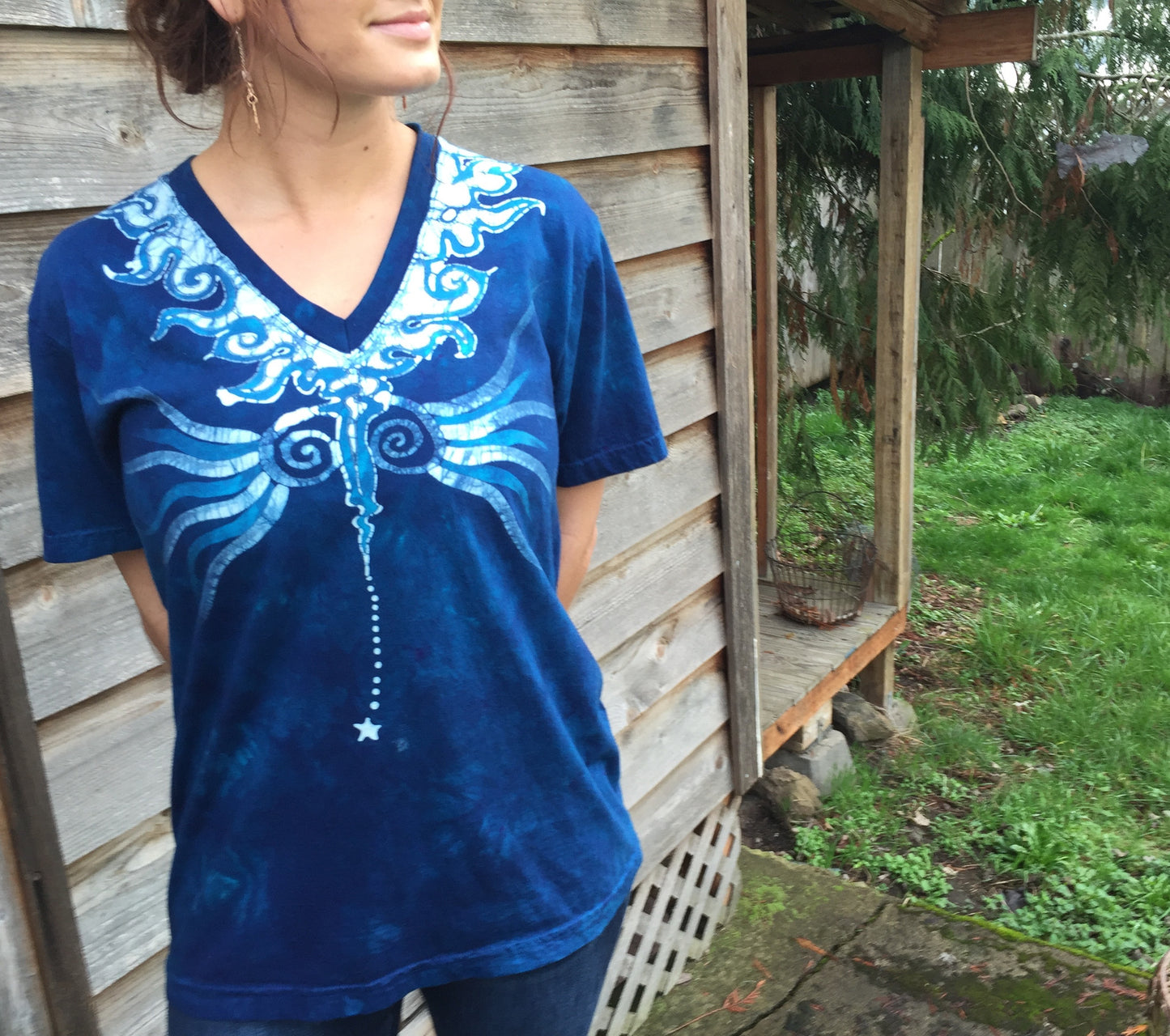Blue Angel Batik Organic Cotton Vneck Tshirt - Unisex Medium - Batikwalla 
 - 1