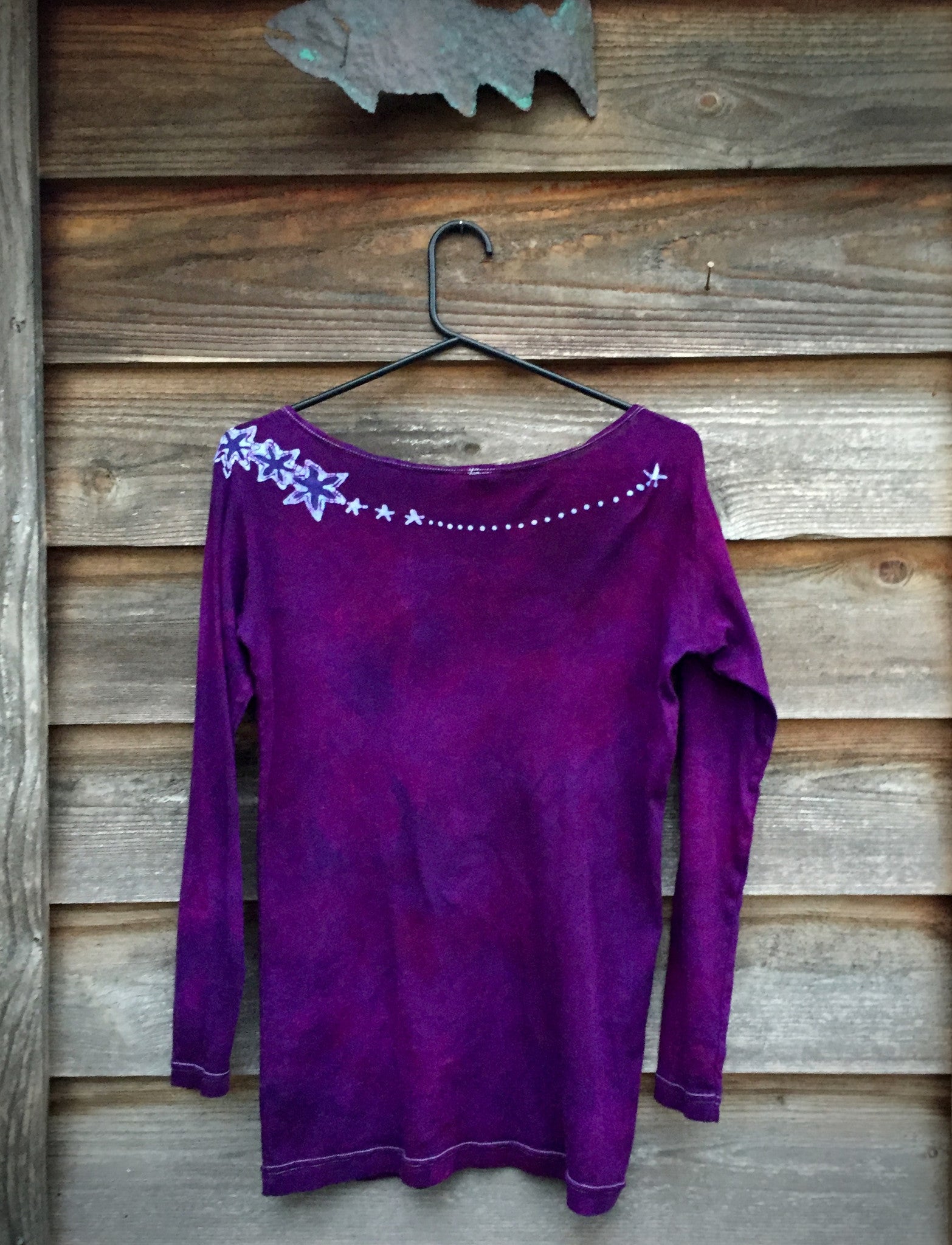 Deep Purple Stars Upon Your Shoulders Long Sleeve Batik Top - Size Small - Batikwalla 
 - 7