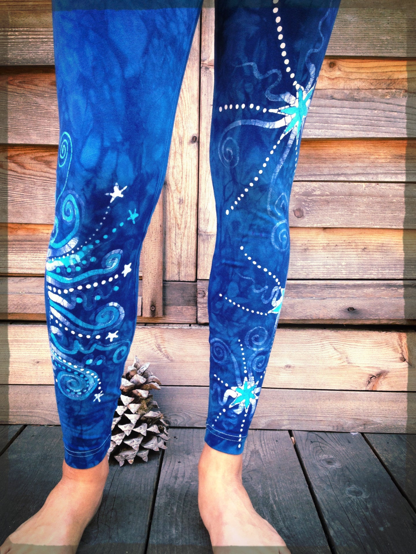 Blue on Blue Star Batik Leggings - Size Small - Batikwalla 
 - 1