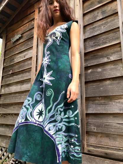 Teal and Purple Tribal Sunrise Batikwalla Dress in Organic Cotton - Size Small/Medium