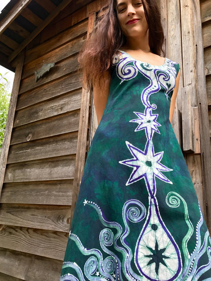 Teal and Purple Tribal Sunrise Batikwalla Dress in Organic Cotton - Size Small/Medium