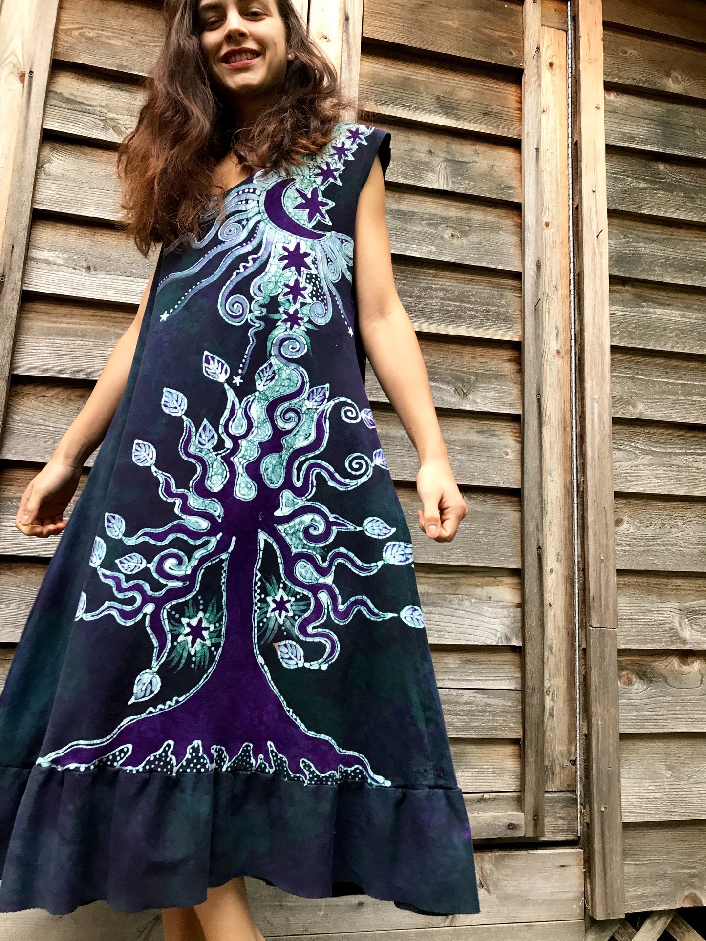 Tree And Purple Dancing Galaxy Festival Organic Cotton Batik Dress - XL