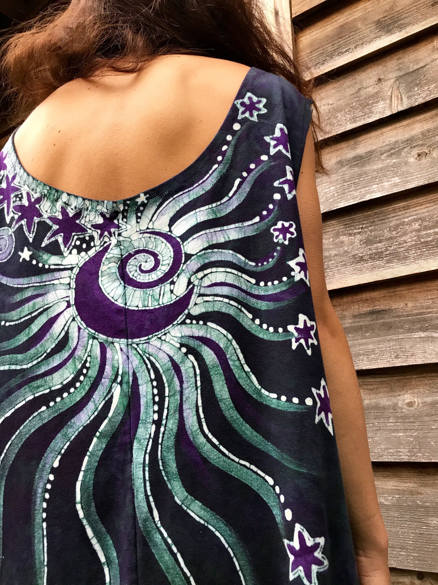 Tree And Purple Dancing Galaxy Festival Organic Cotton Batik Dress - XL