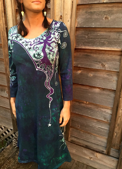 Teal and Purple Canyon Tree - Long Sleeve Batik Dress - Size Medium - Batikwalla 
 - 3