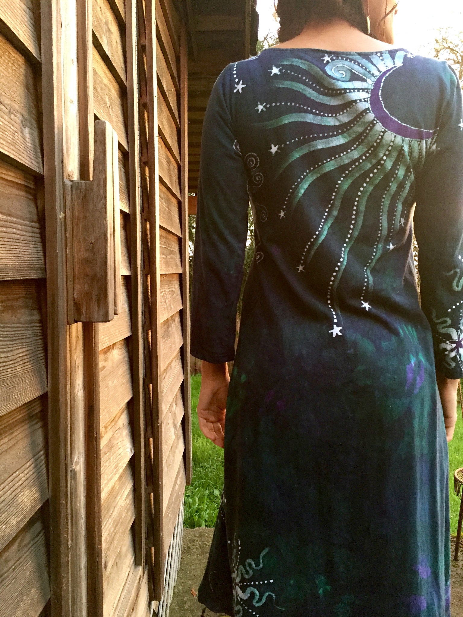 Teal and Purple Canyon Tree - Long Sleeve Batik Dress - Size Medium - Batikwalla 
 - 5