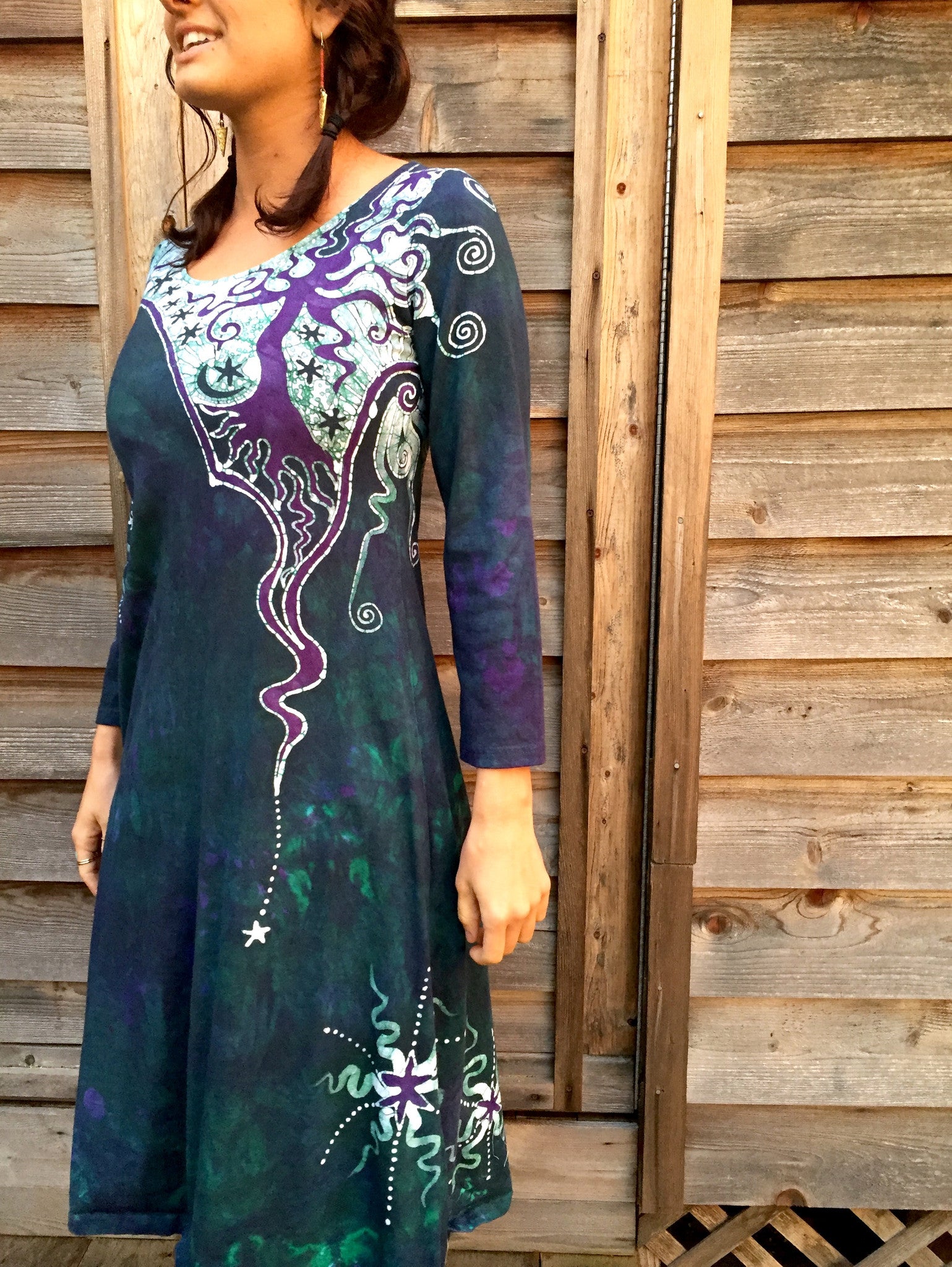 Teal and Purple Canyon Tree - Long Sleeve Batik Dress - Size Medium - Batikwalla 
 - 1