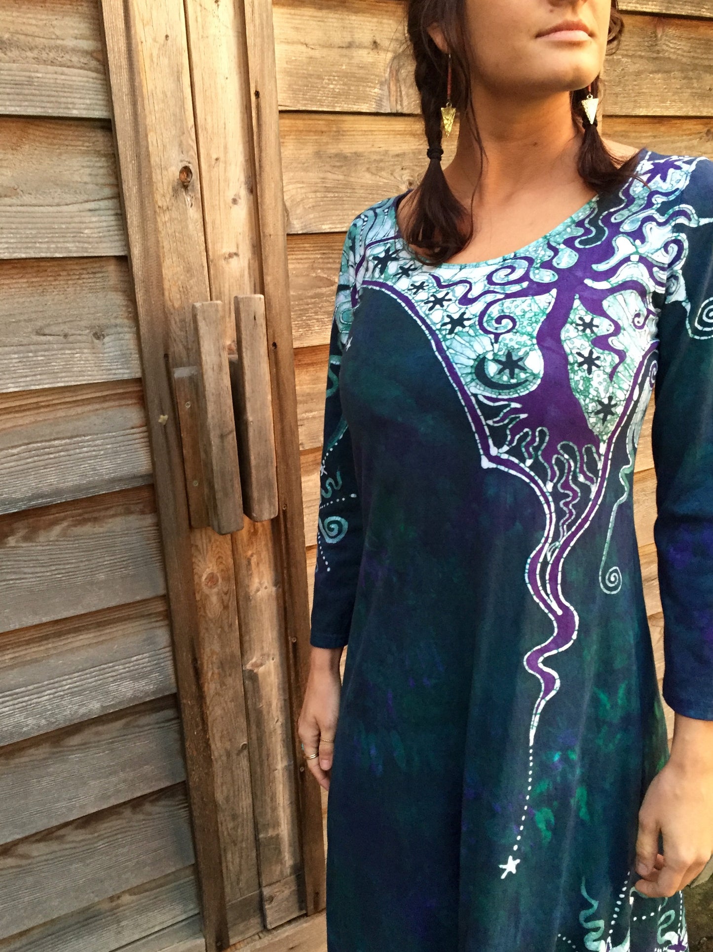 Teal and Purple Canyon Tree - Long Sleeve Batik Dress - Size Medium - Batikwalla 
 - 2