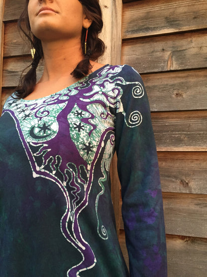 Teal and Purple Canyon Tree - Long Sleeve Batik Dress - Size Medium - Batikwalla 
 - 4