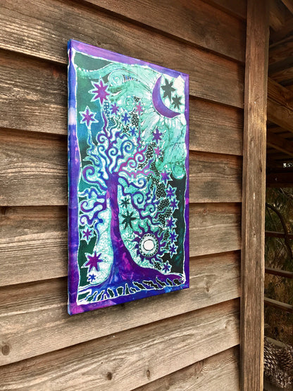Teal Tree Canvas Giclée Batik Print - With Purple Iridescent Highlights
