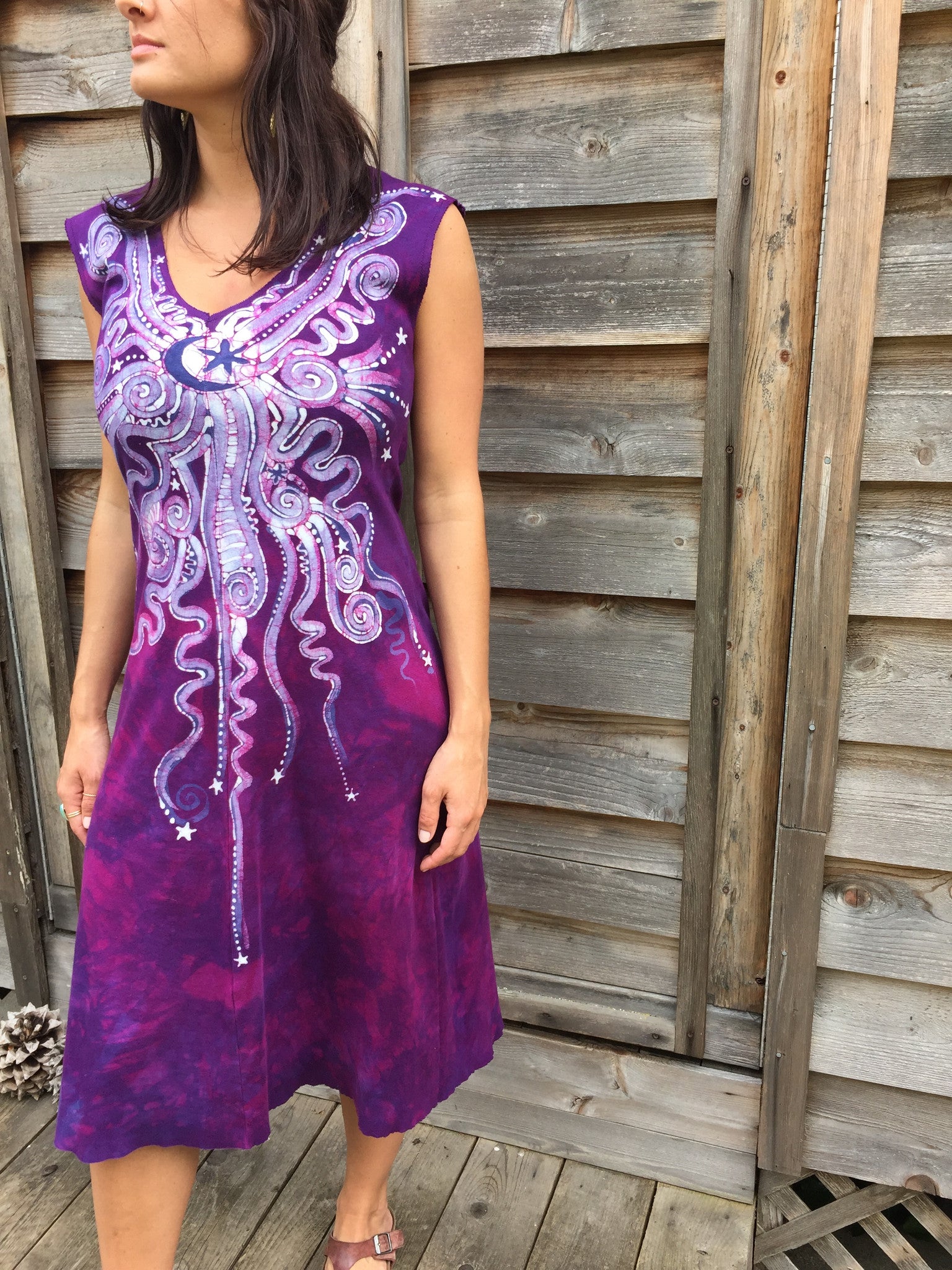 Magenta Moonbeams Organic Cotton Batik Dress - Midi Length - Batikwalla 
 - 3