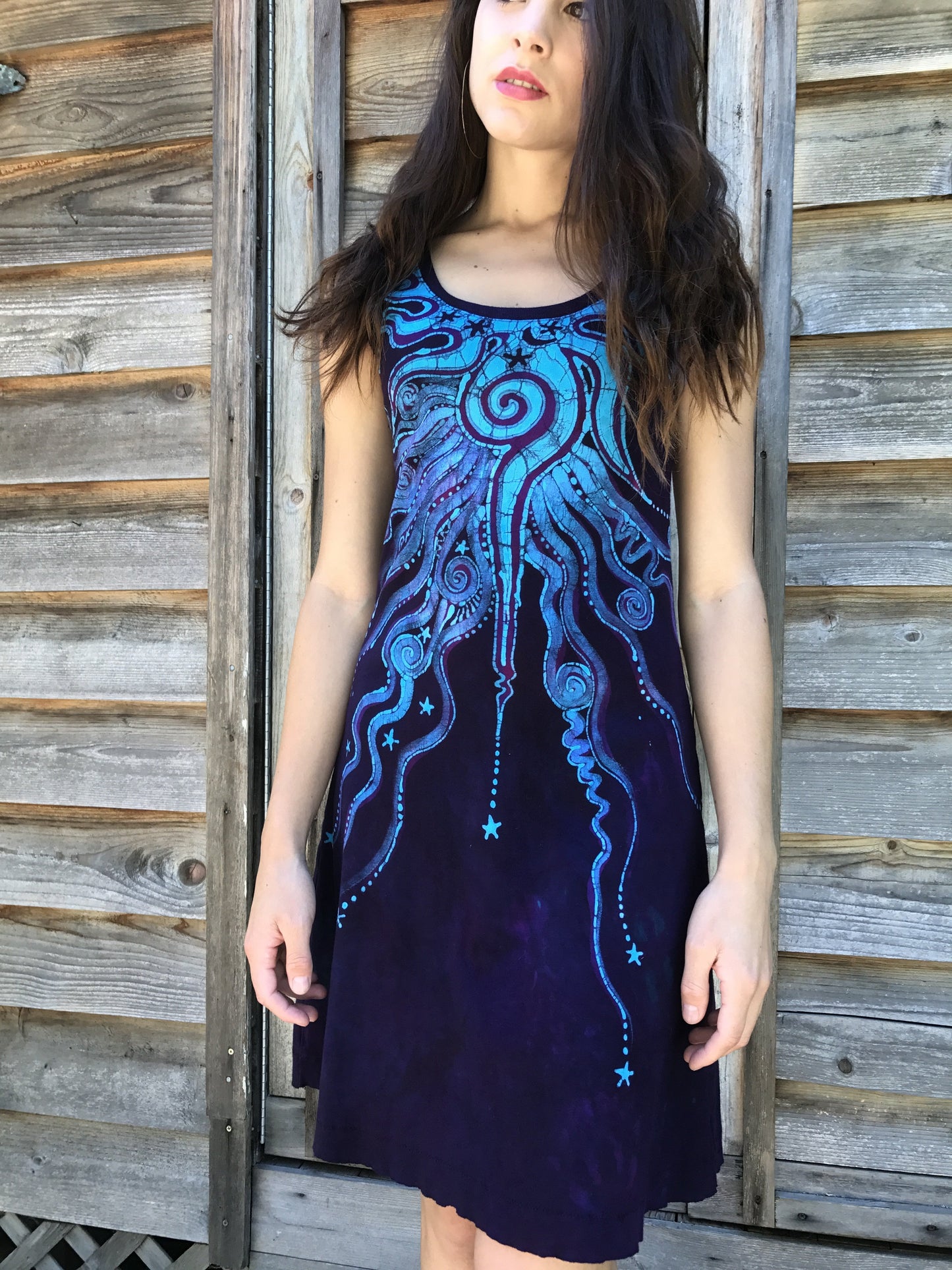 Deep Blue and Purple Midnight Angel Batik Handmade Dress in Organic Cotton