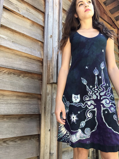 Teal and Purple Owls in The Forest Batikwalla Dress in Organic Cotton