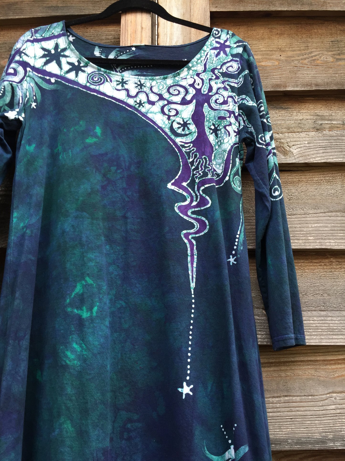 Teal and Purple Canyon Tree - Long Sleeve Batik Dress - Size Medium - Batikwalla 
 - 7