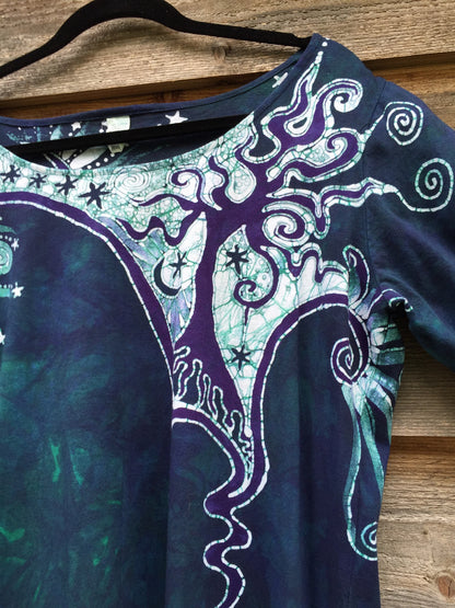 Teal and Purple Canyon Tree - Long Sleeve Batik Dress - Size Medium - Batikwalla 
 - 8