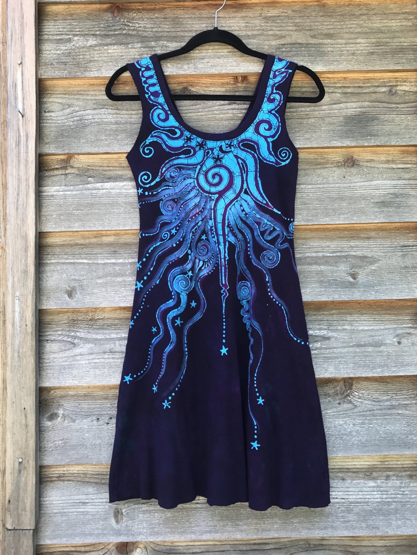 Deep Blue and Purple Midnight Angel Batik Handmade Dress in Organic Cotton