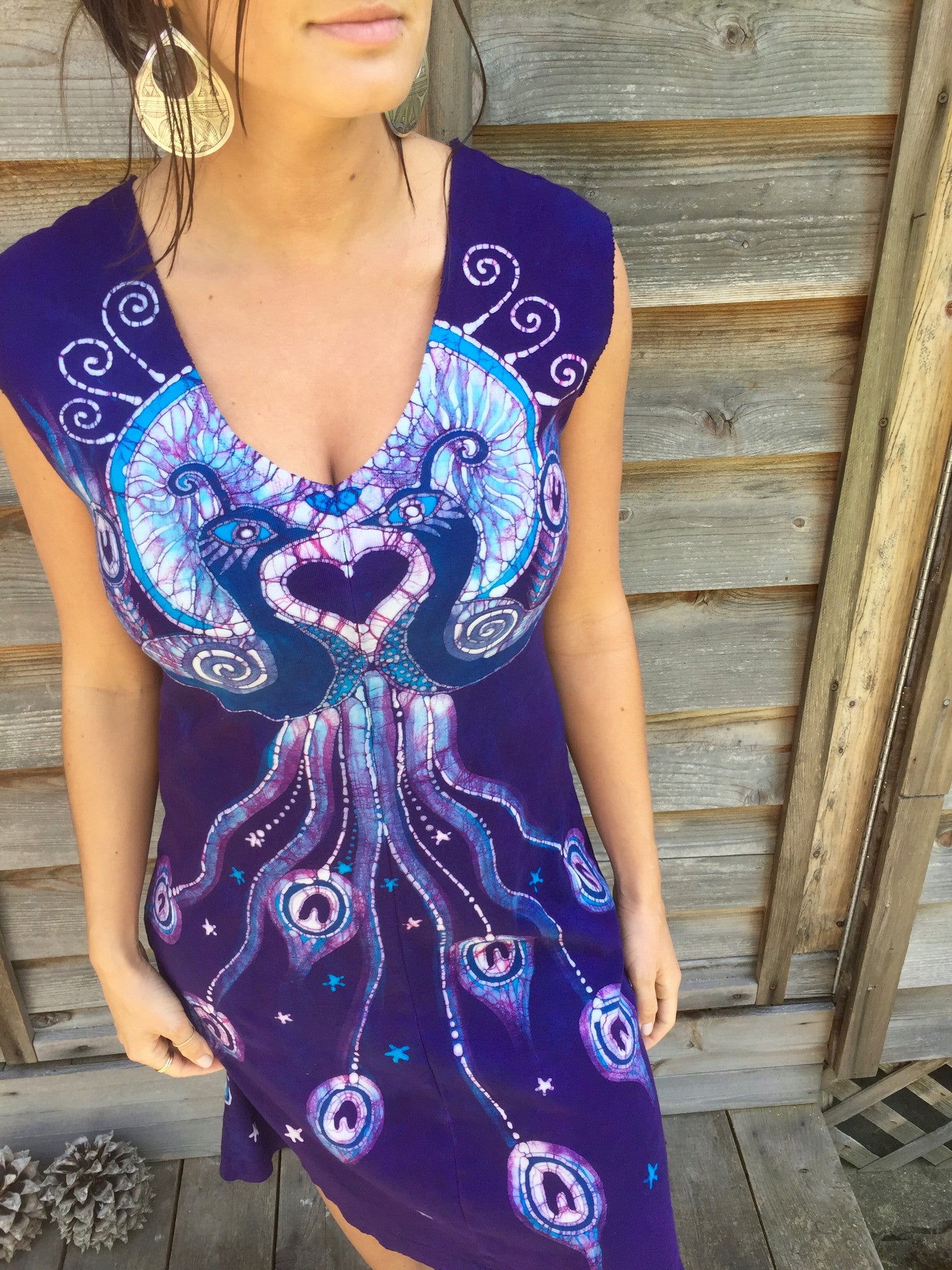 Purple Peacock Lovers Organic Cotton Batik Dress - Size M - Batikwalla 
 - 3