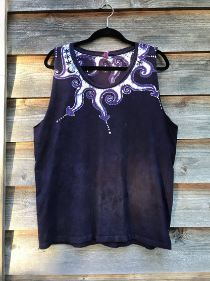 Purple and Navy Swirly Curls Handmade Batik Summer Shoulders Tank Top - Size Large