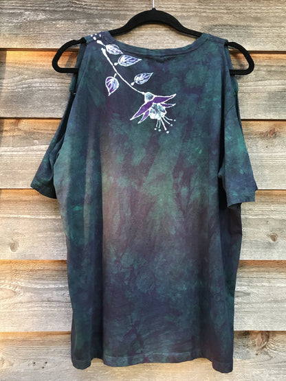Teal and Purple Fuchsias Are Pretty Handmade Batik Summer Shoulders Tshirt - Size Large
