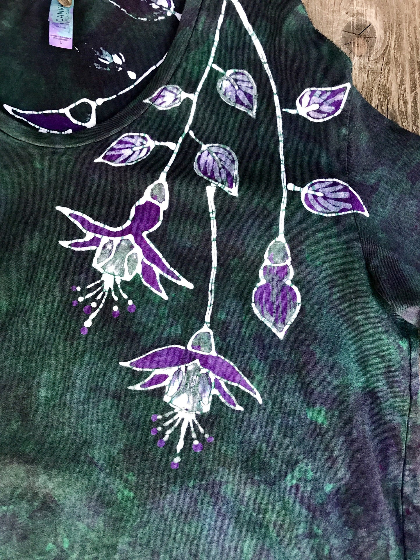 Teal and Purple Fuchsias Are Pretty Handmade Batik Summer Shoulders Tshirt - Size Large