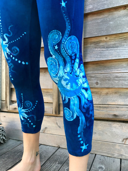 Blue on Blue Star Batik CAPRI Leggings - Size Small and XS ONLY