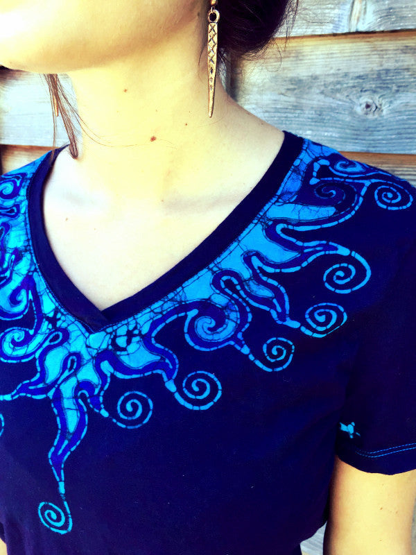 Purple and Turquoise Waves of Moonlight Handmade Batik Vneck Tee Tops batikwalla 