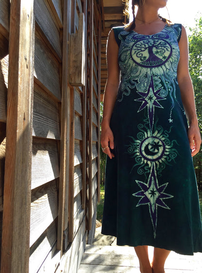 Tribal Tree in Teal and Purple Organic Cotton Batik Dress - Midi Length - Batikwalla 
 - 2