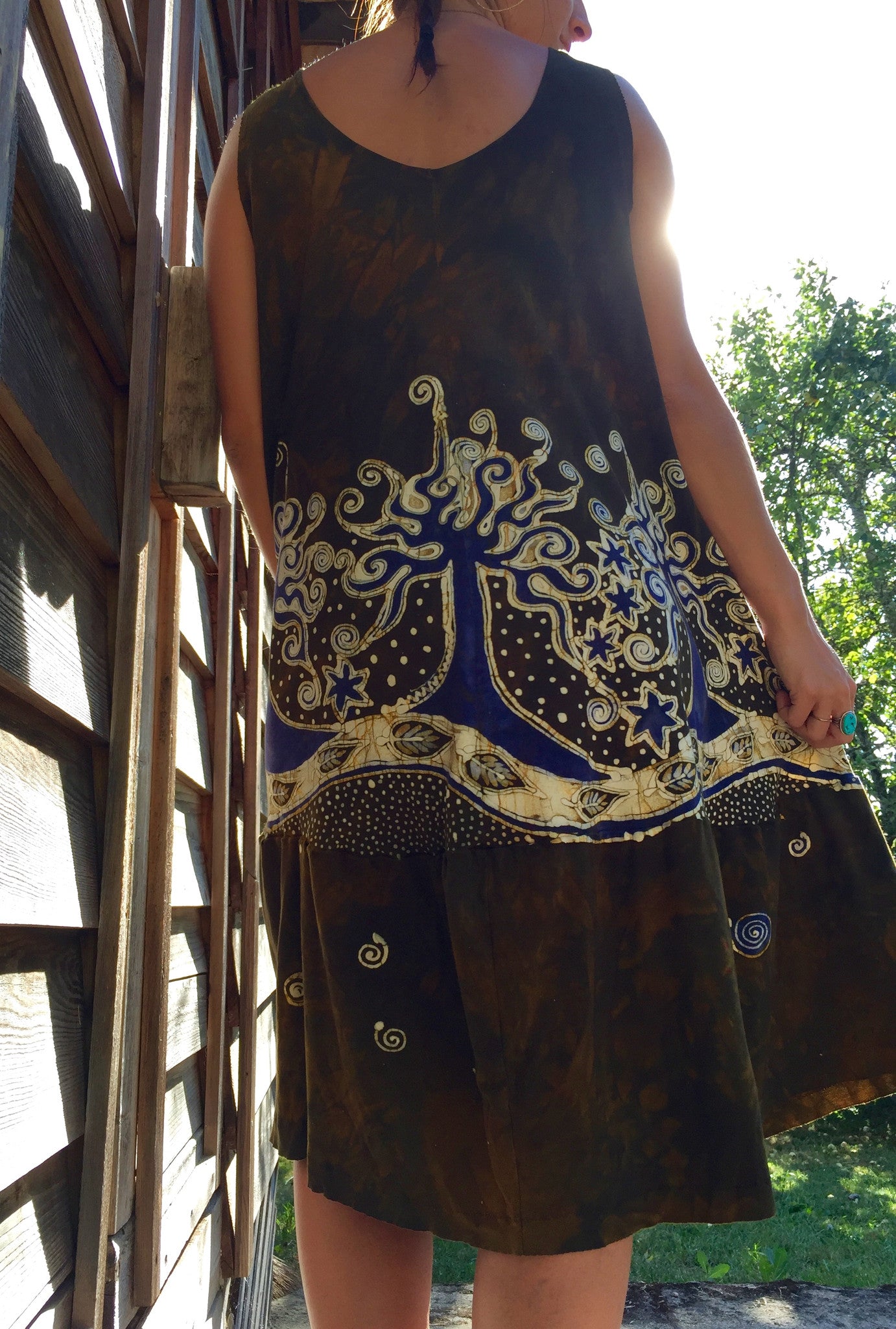 Oak Trees Dancing Organic Cotton Batik Dress - Late Fall - Size Large - Batikwalla 
 - 6