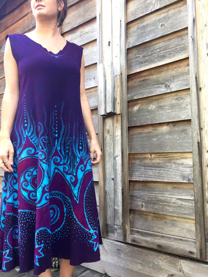 Deep Blue and Purple Sea Of Dreams Organic Cotton Batik Dress - Size XL - Plus Size - Batikwalla 
 - 1