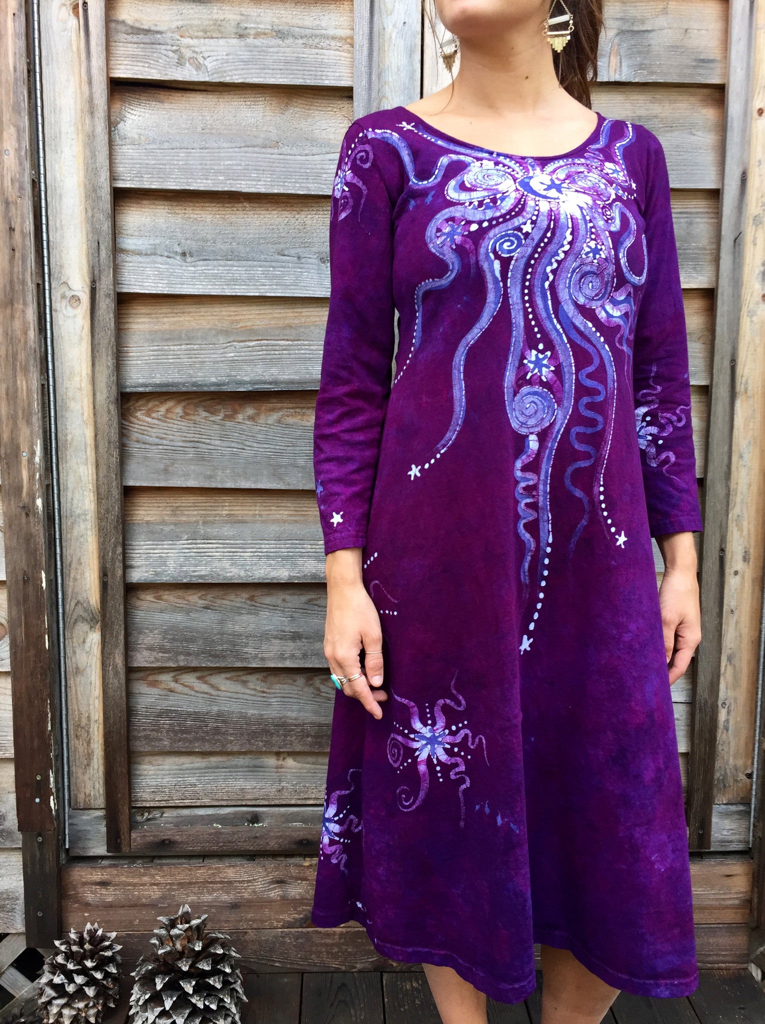 Magenta Moonbeams Long Sleeve Batik Dress - Batikwalla 
 - 1