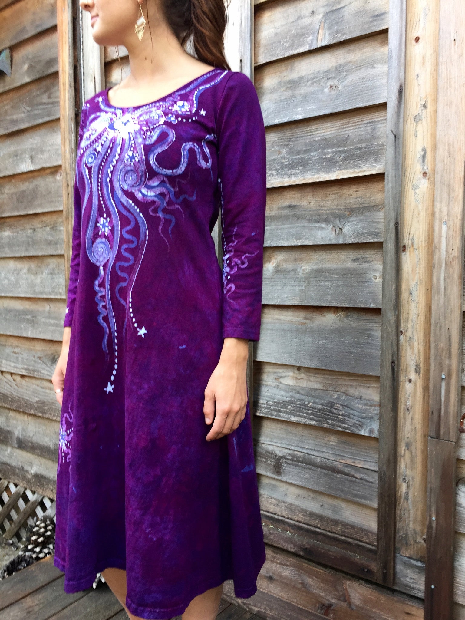 Magenta Moonbeams Long Sleeve Batik Dress - Batikwalla 
 - 2