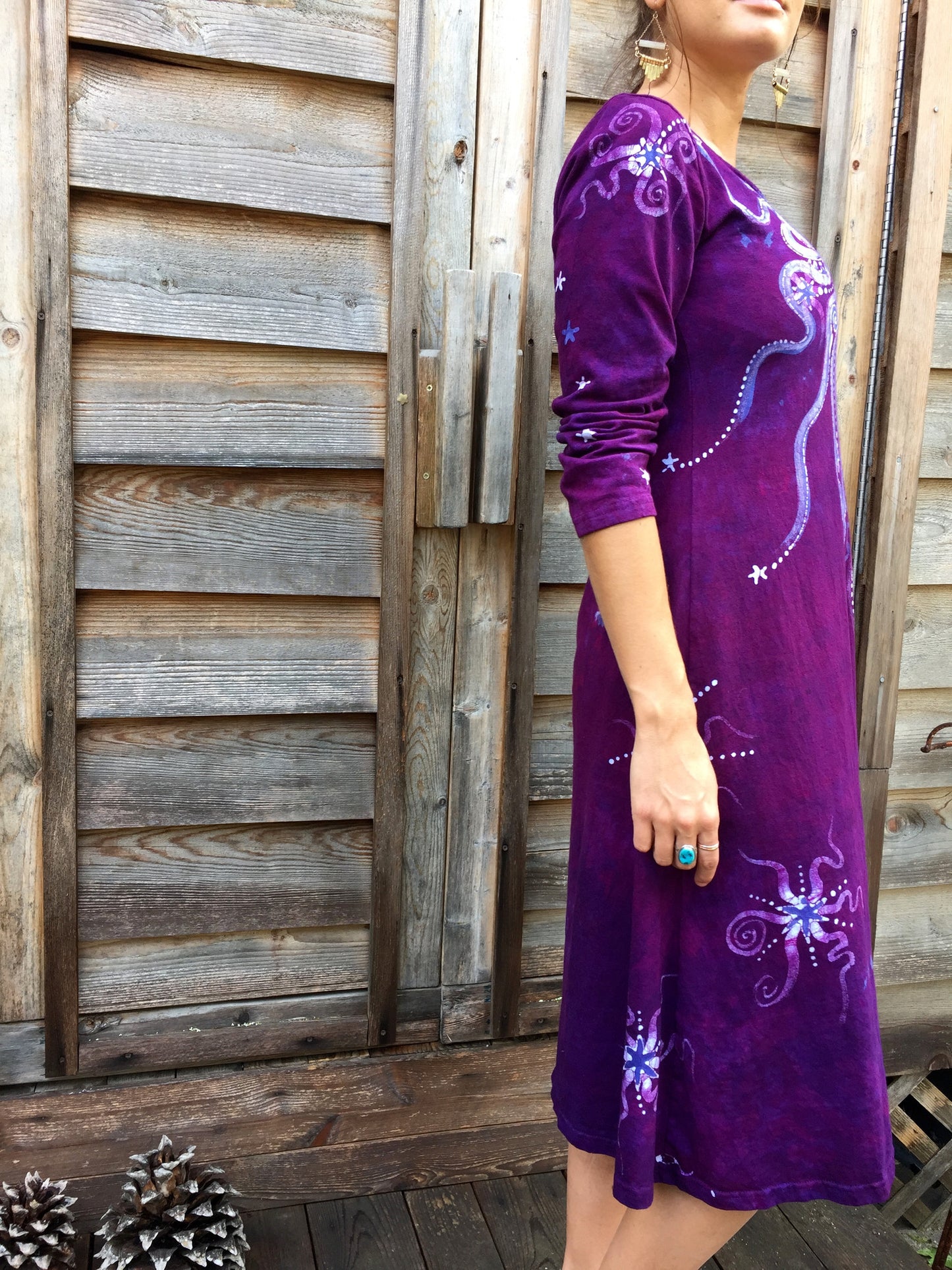 Magenta Moonbeams Long Sleeve Batik Dress - Batikwalla 
 - 6