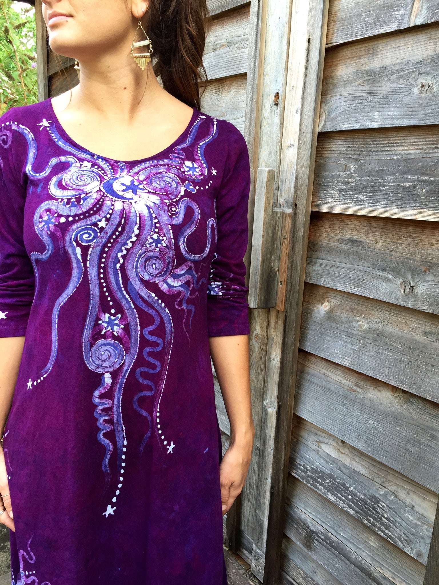 Magenta Moonbeams Long Sleeve Batik Dress - Batikwalla 
 - 3