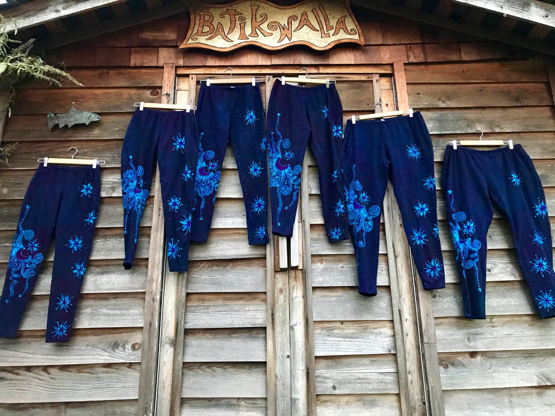 Draft of Deep Purple and Turquoise Moon & Star Batik Leggings leggings batikwalla 
