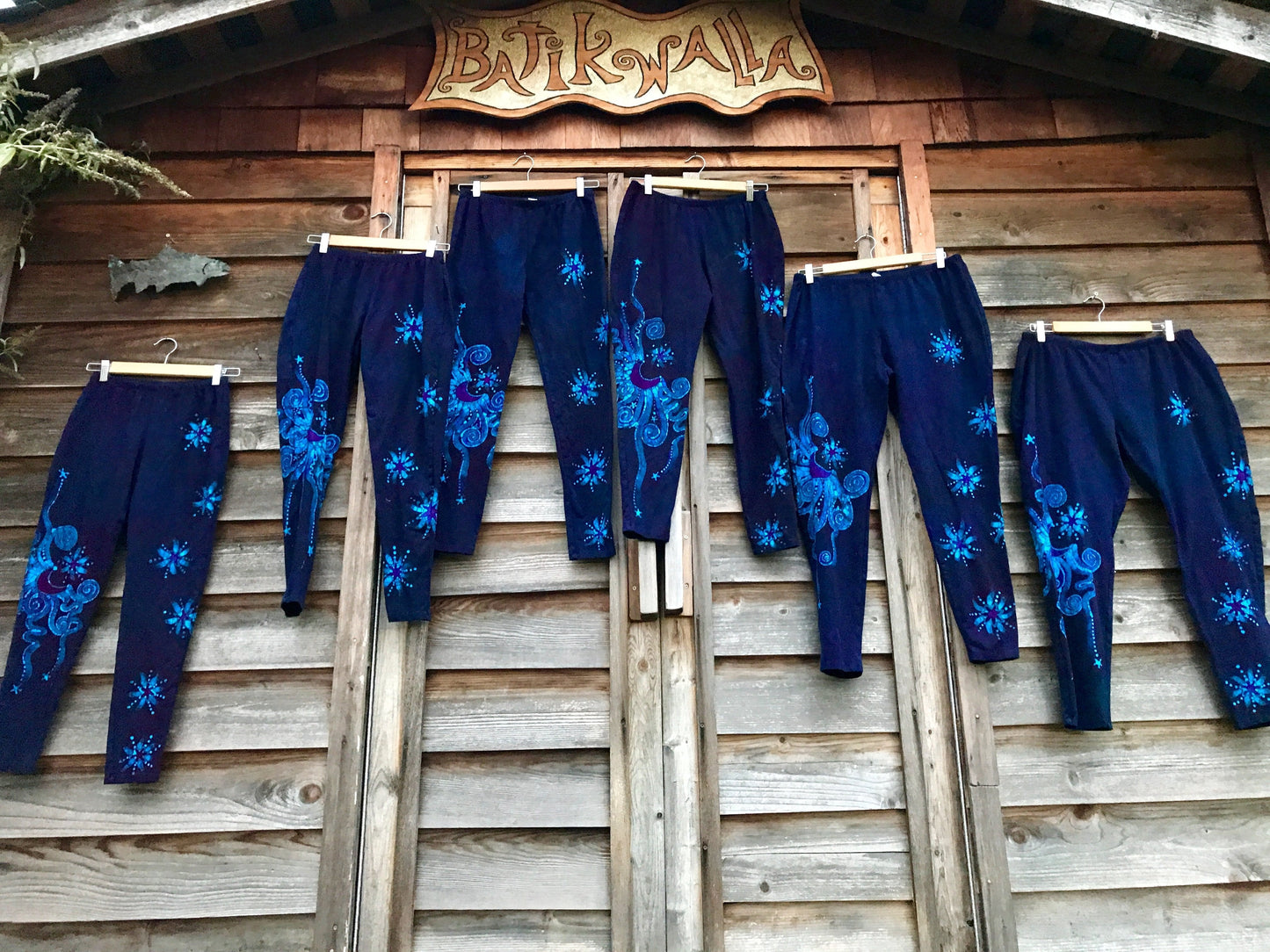 Purple and Turquoise Moon Star Batik Leggings - Size XL Mid Length leggings batikwalla 