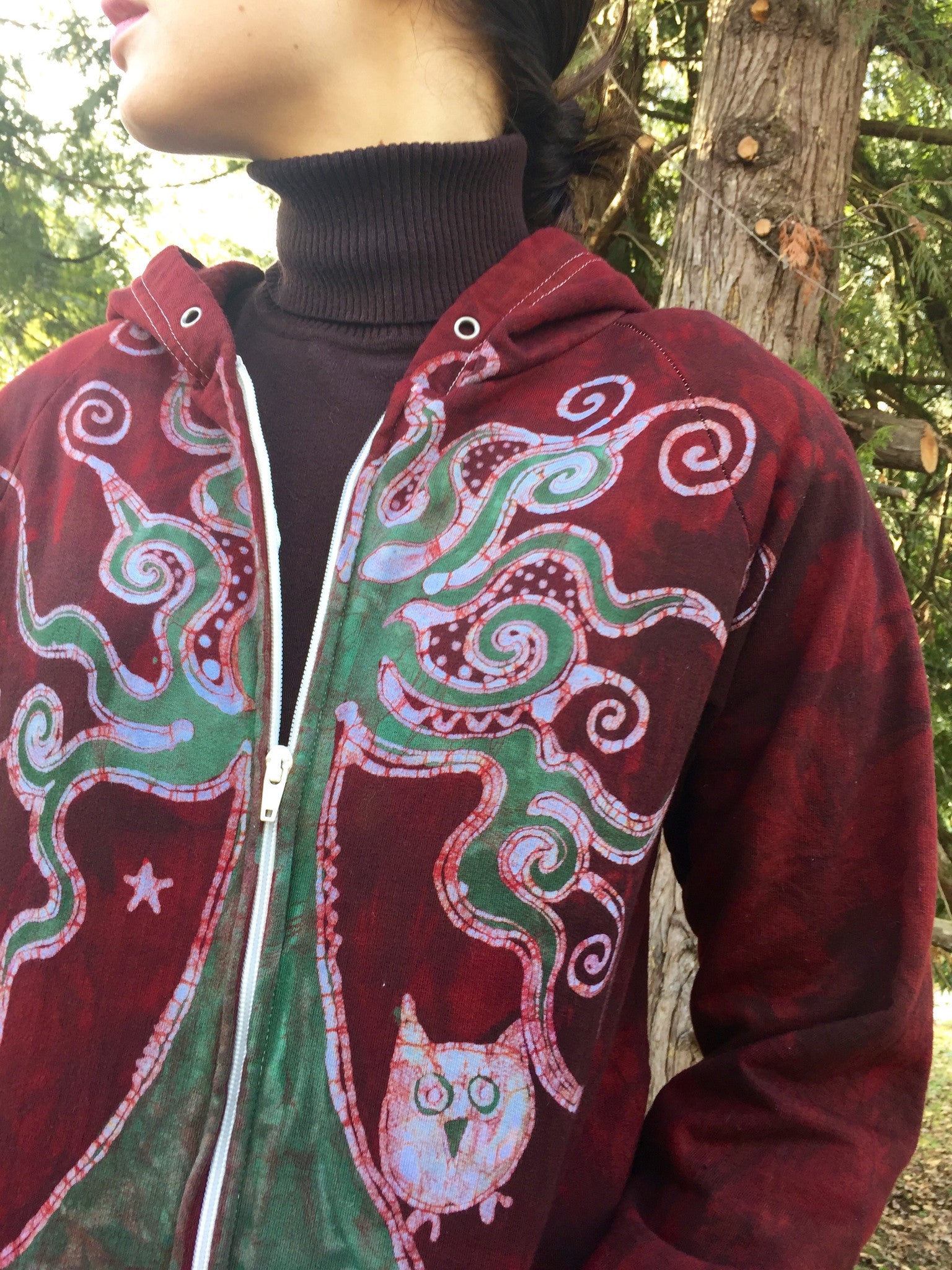 Owls In A Red Rose Forest Organic Cotton Batik Hoodie - Unisex Small - Batikwalla 
 - 1