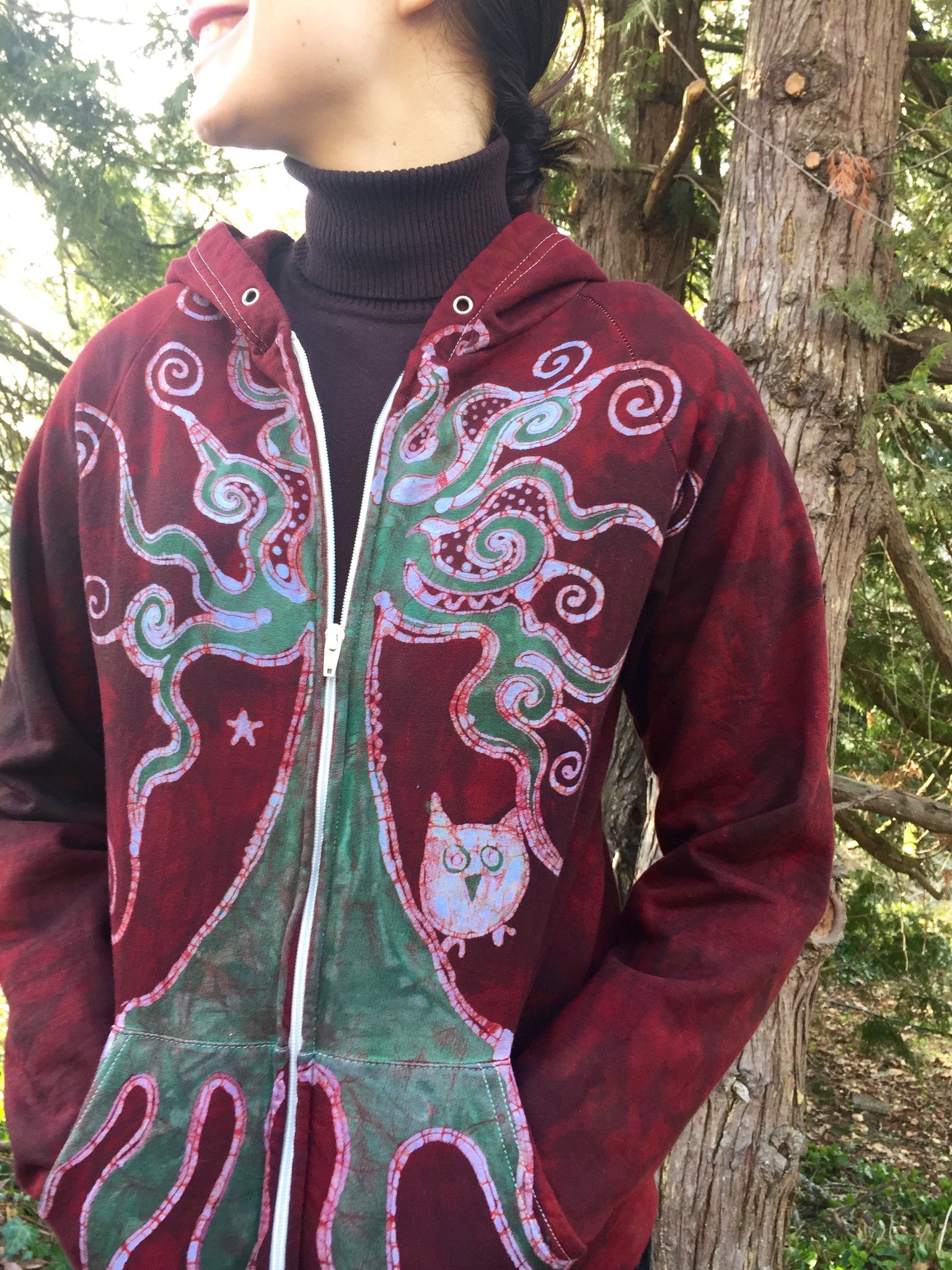 Owls In A Red Rose Forest Organic Cotton Batik Hoodie - Unisex Small - Batikwalla 
 - 3