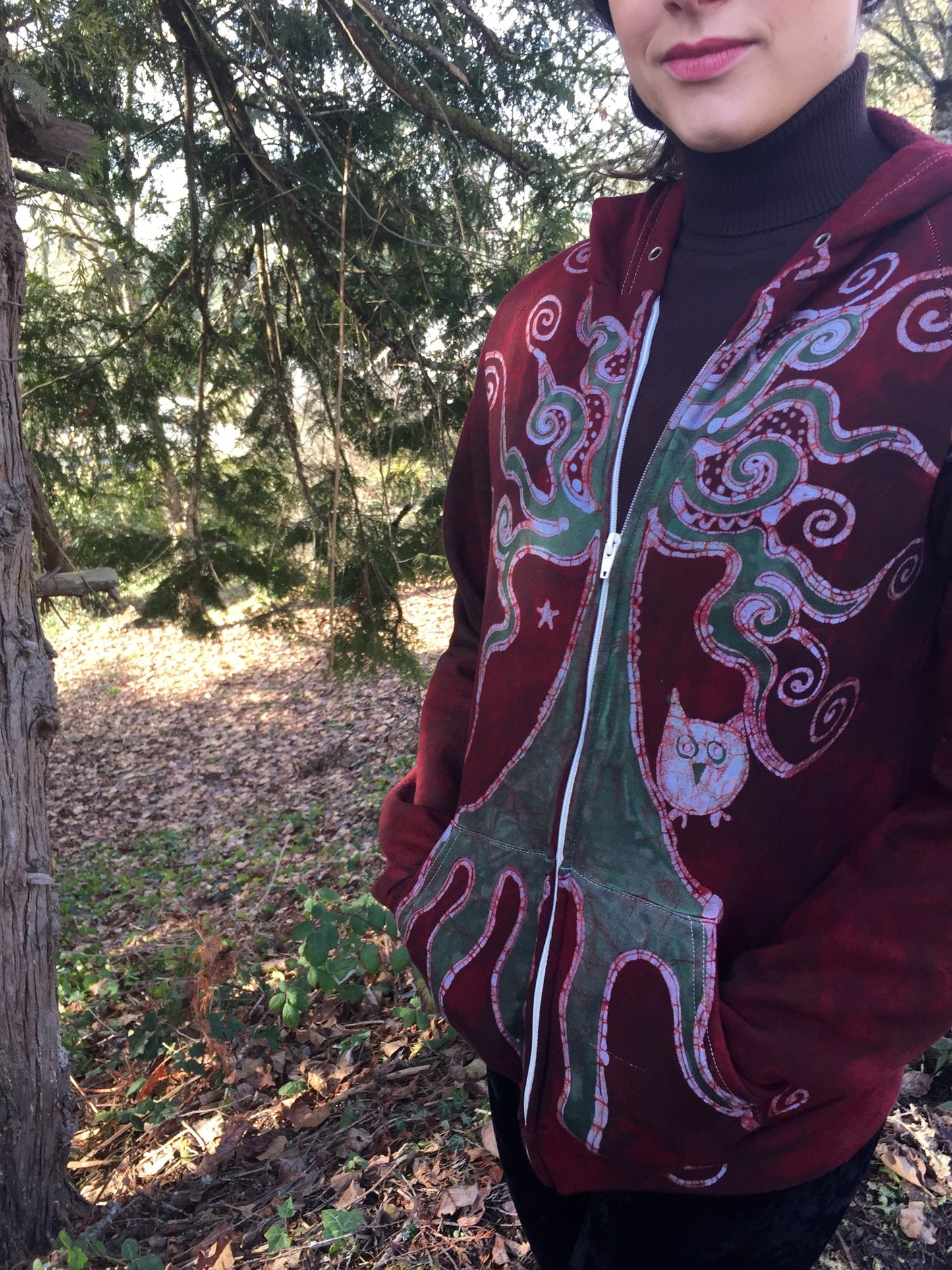 Owls In A Red Rose Forest Organic Cotton Batik Hoodie - Unisex Small - Batikwalla 
 - 7