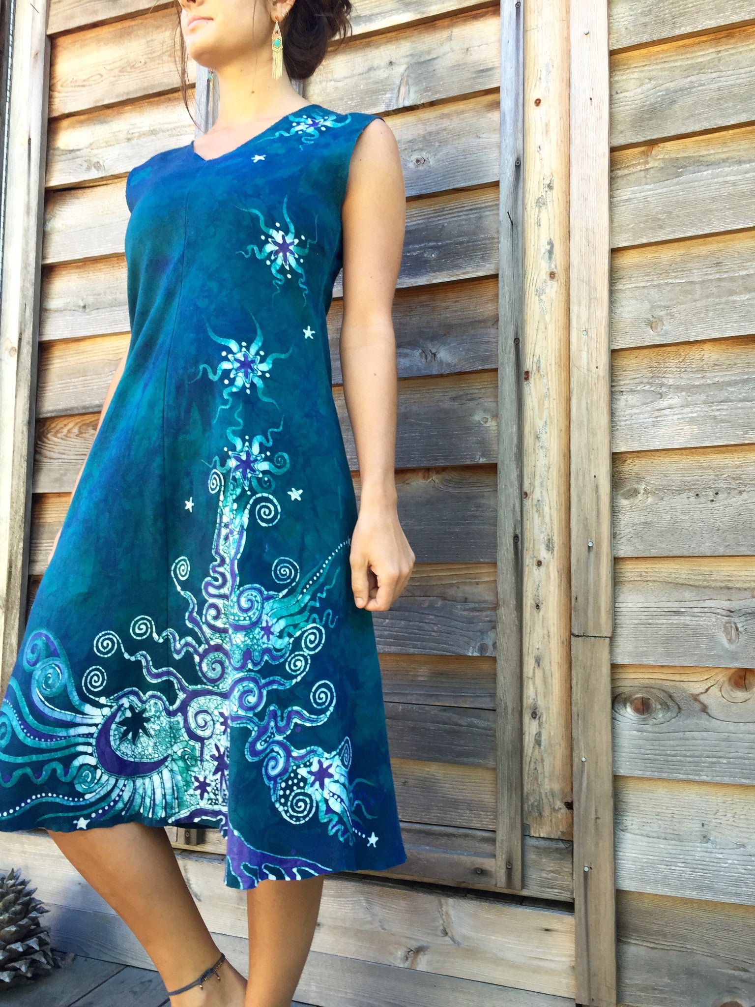 Teal and Purple Tree in the Forest of Life Organic Cotton Batik Dress - Batikwalla 
 - 1