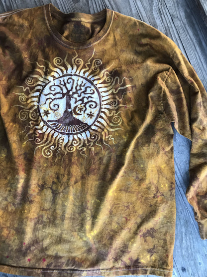 Gold Sun Tree Handmade Batik Long Sleeve Tshirt - Organic Cotton Size 3X