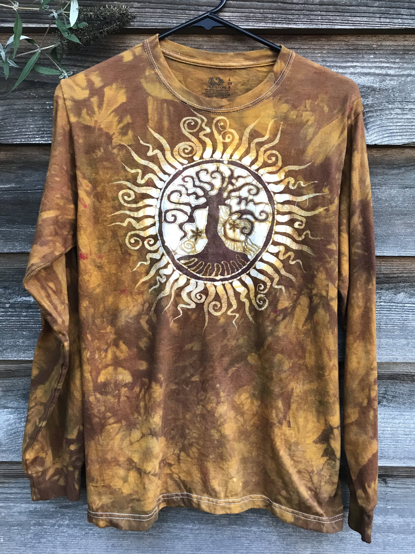 Gold Sun Tree Handmade Batik Long Sleeve Tshirt - Men's Small