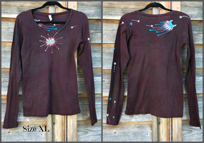 Rust and Turquoise Star Long Sleeve Batik Top