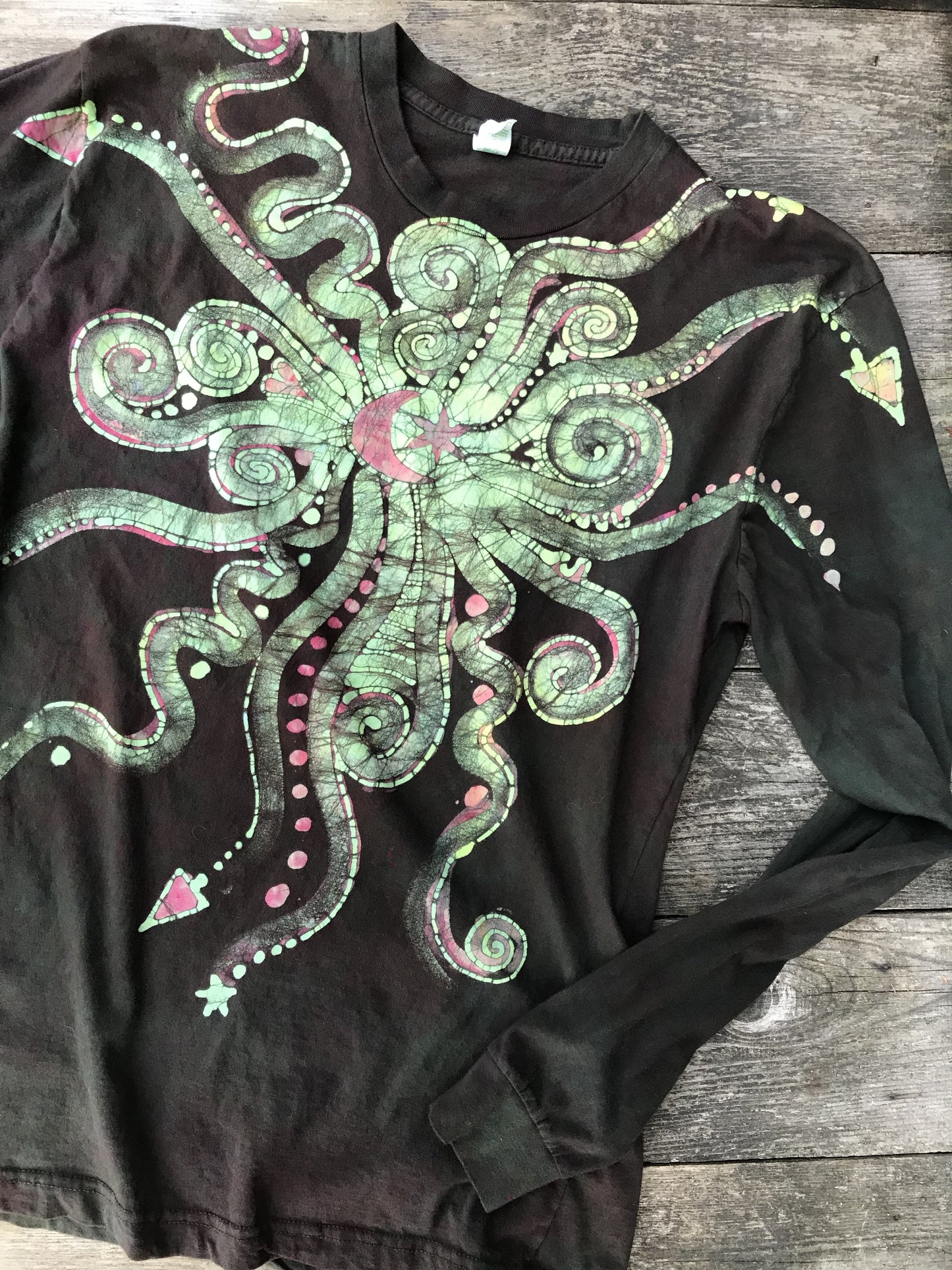 Jellyfish Moon in Dark Chocolate Handmade Batik Long Sleeve Tshirt - Size XL