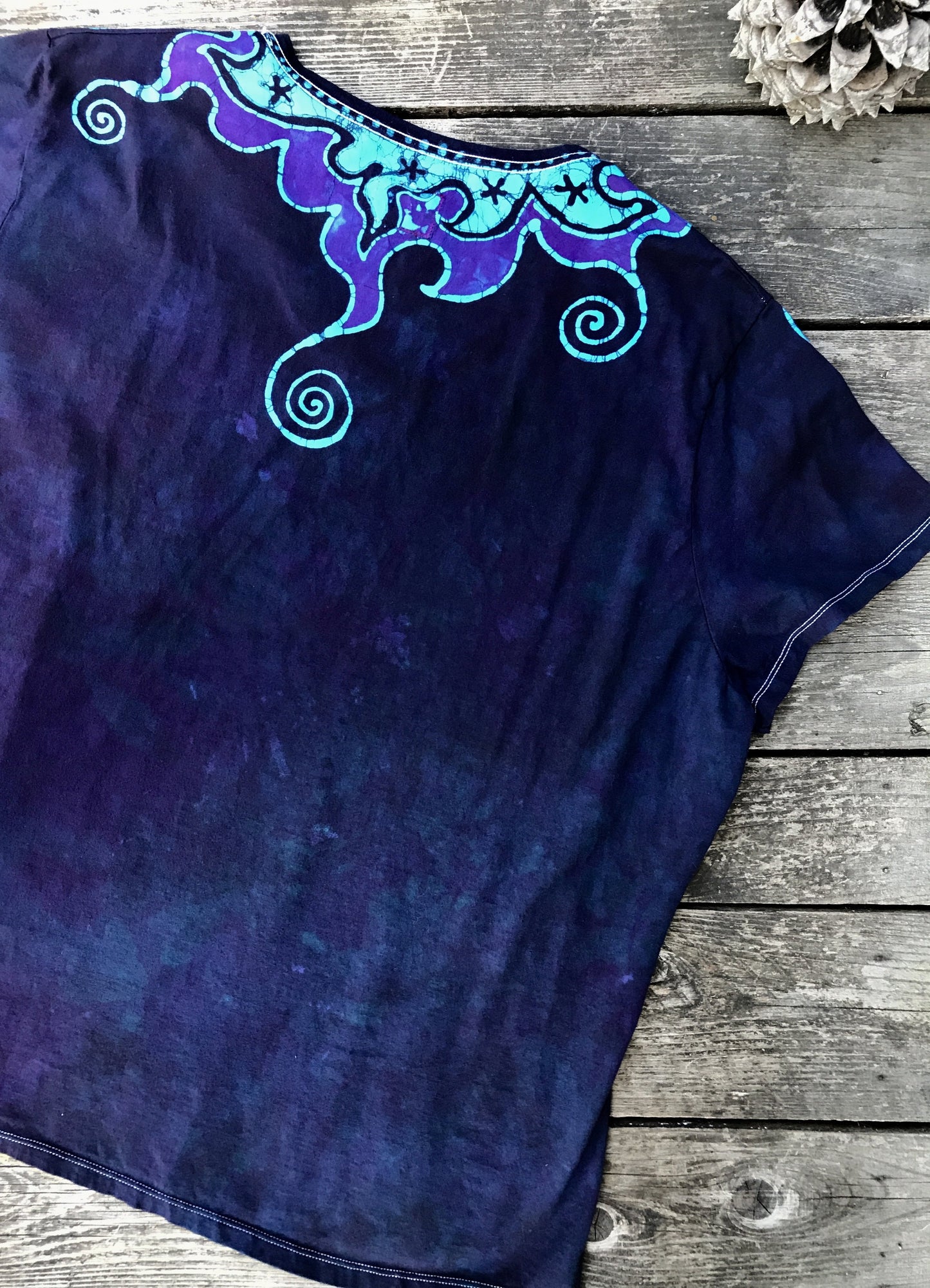Purple and Turquoise Waves of Moonlight Hand Painted Batik Vneck