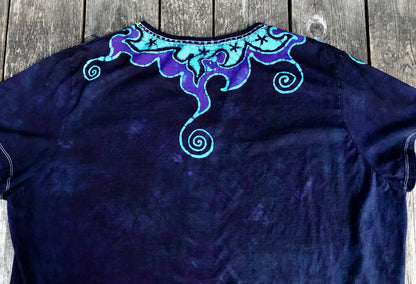 Purple and Turquoise Waves of Moonlight Hand Painted Batik Vneck