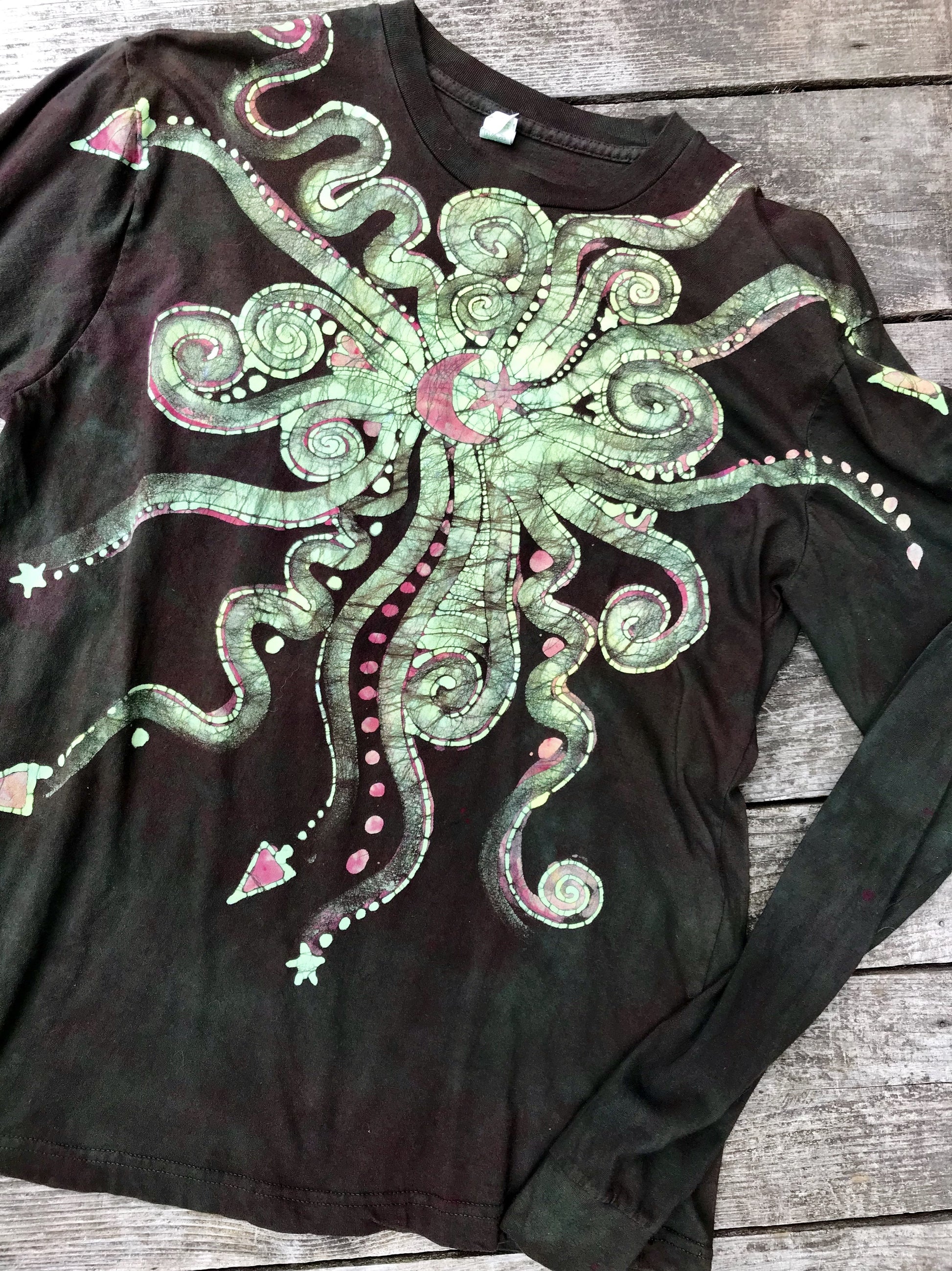 Jellyfish Moon in Dark Chocolate Hand Crafted Batik Long Sleeve Tshirt - Size Large tshirt batikwalla 
